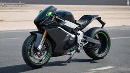 Design a motorcycle with eco-friendly capabilities and a modular aesthetic. Driven by an alien