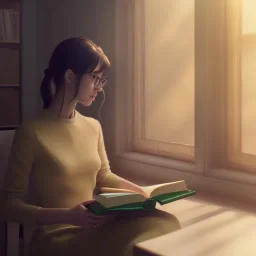 Study girl read a book in by the window, movie, real photo realistic, unreal engine, cinematic lighting --ar 1:1 creative