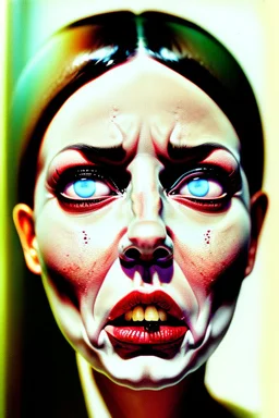 Anatomy interiors worm girl face, pulp, photorealistic, shoot by Helmut Newton, very low contrast, very soft colors