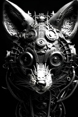 steampunk sci fi portrait of a mechanized fox, or various animals, or mythical creatures, anthropomorphic, high key lighting, 3d bas relief, front view clock, glowing neon nixie cyberpunk eye, wire whiskers cyborg high contrast black and white image