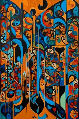 A simple abstract painting based on Iranian patterns And Iranian miniatures , use more cold colors