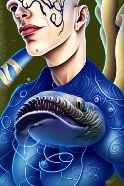 a sea monster with a human head, the body of a moray eel, fins of a fish, swims in the ocean