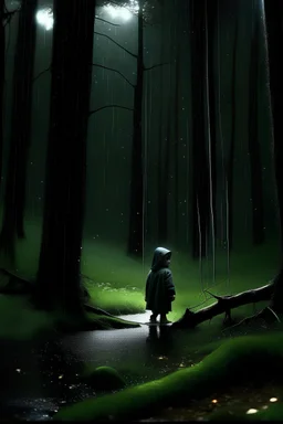 /imagine prompt: Realistic Film Title: "y Night" ( shot of a dark with rain pouring down.) :02 - [ator] "In forest on a rainy night(A young child,renched and frightened,umbles through the trees.) :10 - [] "Mom??" (The child spots glowing light in the distance approaches cautiously.) 018 - [Narrator] " say curiosity can lead the darkest places..." (The finds a grand, yet eerie palace hidden within the trees.) 0:26 - [Narrator] "But what he found would change everything..." (The child hes