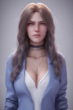 Portrait busty and face, Elisa cuthbert face, crystal blue eyes, wearing Hunter clothes,