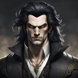 generate a Vampire the Masquarade character portait of a male city Gangrel. he has long, dark hair. he is strongly built. he has a beautiful face.