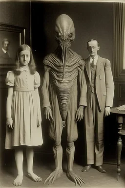 1900's black and white vintage photo, interior, alien human hybrid creature with a family, captured on square format film, grainy, aged