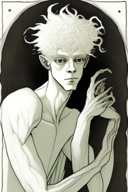 albino young male wizard with third arm extra eyes tendril hair in the style of aubrey beardsley