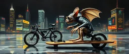 master oil painting by Rembrandt,the tilted quilter,glasses and ticks, cyberpunk imagery synchronized mechanical gremlin rat bat drumming kit flat board trike flickering stable core, wet reflective salt flat city
