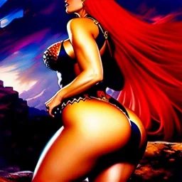 portrait oil on canvas, beautiful booty busty Red Sonja, minimal armor,comic book cover, mystical colors,insanely detailed,realistic,intrincate detail, 16k resolution, masterpiece,Frank Frazetta,Oscar chichoni,Alex Horley, Simon Bisley