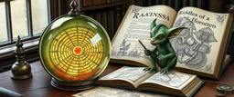 map of labyrinth contained in a glass ball with elemental sigils and symbols on a table beside a book called Riddles of a Forgotten Age with weird illustrations, being read by an fluffy imp kobold gremlin druid librarian