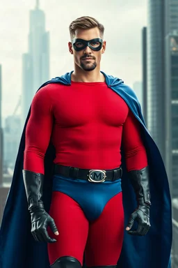 full-length, A portrait of a man with piercing blue eyes, a chiseled jaw, goatee, timeless face, stern expression, Wearing a skintight formfitting red, textured cotton hero suit, he wears a thin, black leather, bandit eye disguise over his eyes, blue trunks, a black belt with silver buckle, black wrist gauntlets, knee-high black leather boots, blue cape, capital letter 'M' on chest, a futuristic cityscape background