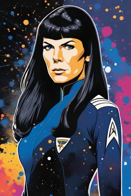 Pitch black background - multicolor splatter painting - 30-year-old Wendy Wendison, who resembles Spock, with long, straight black hair, deep cobalt blue eyes, wearing a long-sleeved, blue, slit, mini dress with a plunging neckline and a star trek upside down V-shaped communicator badge on the left side of the chest -4k, 8k, 16k, 32k, 1080p, UHD, hyper realistic, photorealistic, lifelike, realistic, absolute reality,