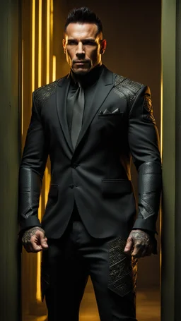 Jason David Frank as a Very muscular alpha male with short hair and tribal tattoos. wearing a black designer suit , standing in a doorway