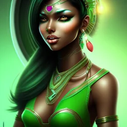 personnage de fantaisie, féminin, indienne, peau sombre, cheveux noir avec une mèche verte