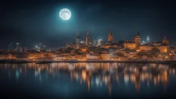 dream world, city harbour, calm beauty, fantasy world, magic, night, darkness, moonlight, starlight, splendor, uplifting, inspiring, therapeutic, chiaroscuro, color, award-winning colour photograph, beautiful composition, Nikon 135mm