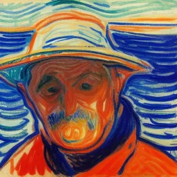 Portrait of OLd Galician Fishermen on boat wearing bucket hat by edvard munch 8k