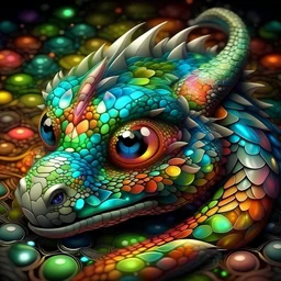 Cute baby dragon with big eyes lying curled up, sparkling colorful 3D fractal skin folds that look like glass, sparkling colorful 3D mosaic background