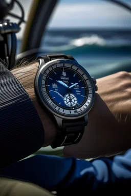 Generate an image showcasing a sailor using the best sailing watch for precise navigation. The scene should convey a sense of focus and accuracy, with the watch serving as a reliable tool in challenging sailing conditions.