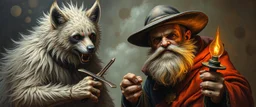 master oil painting with some air brush, fluffy human thief hyena merchant sailor priest realistic and creepy, straight from the lich lab, in the style of Escher and Titian