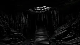dark rock cave, looking upward as the cave continues upward. waterworks are used to deliver mined ore from the top of the cave down to the bottom, lined by a small dam, in the style of jordan grimmer