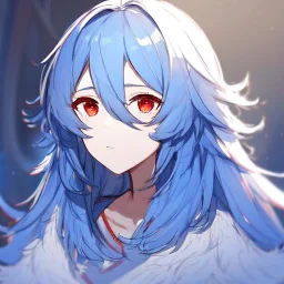 Clear focus, High resolution, rough line sketch art, blue hair, fluffy hair, between eyes, red eyes, no light in eyes