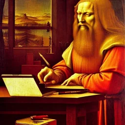 leonardo da vinci works in his study on a laptop at his desk. painting in photoshop. hyperdetailed, warm colors, movie poster, photoillustration, oil on canvas, lens flare