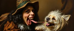 master oil painting by Rembrandt, good afternoon bitch scary hot seductive toothfairy, and her toothfairy dog