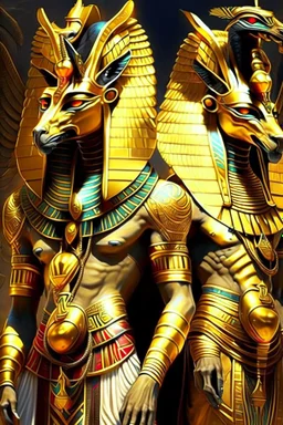 Egyptian gods, full of splendor and wearing golden clothing