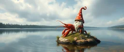airbrush rendering, mushroom lobster gnome on small island in lake, pinhole cam