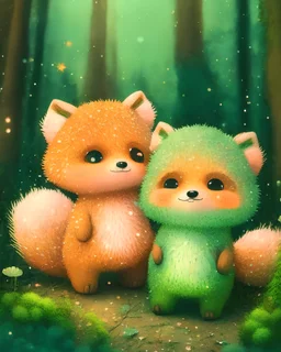 Two fuzzy boys in the forest with big cute heads, small body. Fox tails and ears. Brown pants. Big sparkly glass eyes. Soft baby pastel colours. Fuzzy and hairy. Sparkles around. Green and orange sweet colours. sparkles. Soft toys. Happy.