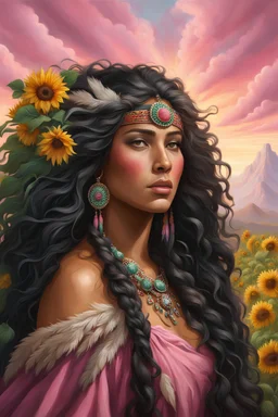 create an oil painting art image of an Native American curvy female looking to the side with a large mane of curly black flowing thru the wind. 2k prominent make up with hazel eyes. Highly detailed hair. Background of pink and green sunflowers surrounding her