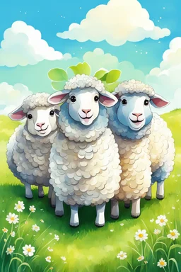 create an image with 4 cute sheep with the typography, happy face "ovelhinhas da fé", 2d, cartoon style, chibbi, kawai, a green field and blue sky in the background, watercolor