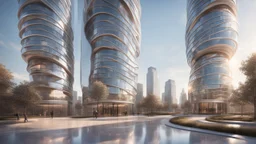 Two intertwined towers with spiral, curved designs and expansive, floor-to-ceiling windows. The outer surfaces are covered with reflective, adaptive panels that change color and opacity depending on the time of day and weather, beautiful composition, Ultra Realism, beautiful intricate insanely detailed octane render, 5d, 16k, artistic photography, soft natural volumetric perfect light, chiaroscuro, award-winning photograph, masterpiece, rule of thirds, 80mm lens, adjust perspective