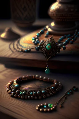 Realistic photo of beaded jewelry necklace with ancient ornament on the table