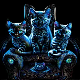 A cat with blue eyes is sitting on an armchair and next to her are three sweet and beautiful kittens against a black background and they are all looking at the camera, computer graphics by Louis Wayne, Behans, psychedelic art, quantum wave racing, psychedelic, mystical