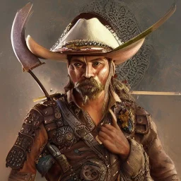 Insanely detailed photograph of an “ a mustachioed cowboy warrior ” with worn Sombrero, worn charo,cigar,crossbow in hand, hyperdetailed painting by Ismail Inceoglu Huang Guangjian and Dan Witz CGSociety ZBrush Central fantasy art album cover art,8K, hdr, mysterious, flickeringlights ,Stoic