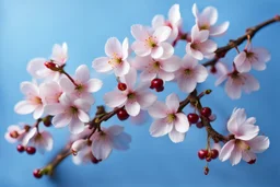 fantastic light pin blue background with four bunches of cherry blossoms