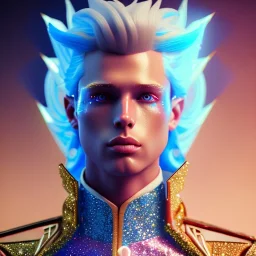 Handsome prince galactic, glitter blue prince suit with jewels and stripes, long blond hair, blue eyes, cinematic lights, octane render, unreal engine 5, 4k, focus details, beam