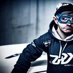 portrait of a Ken Block racing driver, dc shoes, wearing a hoodie, glasses, soft smooth lighting, light face, elegant, atmospheric, realistic, cinematic lighting, soft light atmosphere, unreal engine 5