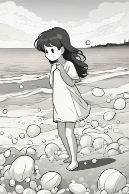 A little girl playing by the seashore, surrounded by oval-shaped seashells and bubbles. Use ovals for the seashells, bubbles, and the sun setting over the ocean.,very happy , Colloring page for todlliers ; basic hawali style cartoon , black and white , ink outlines , , smooth , anime style , minimalist , cute eyes , full body , white shose , sketchbook , realistic sketch , free lines , on paper , character sheet , clean line art high detailed