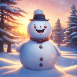 a smiling snowman, serene and peaceful sunset background, soft sunlight, beautiful anime art