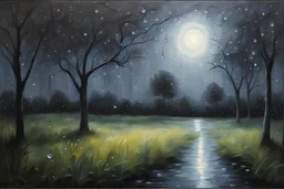 raindrops at night , moonlight, trees, grass , oil painting