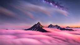 A surreal night-time scene featuring a sharp mountain peak rising through a thick layer of fog. Only one single peak is visible, The mountain's dark, jagged silhouette contrasts against the soft, pastel hues of the fog illuminated by moonlight. Above, the night sky is adorned with countless stars and a segment of the Milky Way, adding a sense of wonder and vastness to the scene. The overall atmosphere is mystical and serene, capturing the beauty of nature in a high-resolution, panoramic view