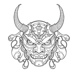 White, minimalis line art , oni mask japanes , vector, white background, outline, with images neatly contained within the background, just black and white color,