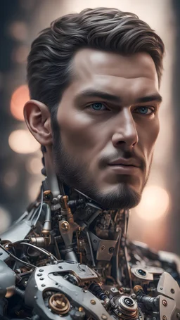 breathtaking, beautiful (mechanical:0.35\) Man android, male body, looking at viewer, professional, award winning, depth of field, bokeh, rule of thirds, cinematic lighting, (full height photograph), trending on artstation, sharp focus, studio photo, intricate details, highly detailed, by greg rutkowski
