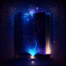 A closed book in a bookshelf with colored edges, dark blue glowing light, fantasy, magic, dark, stars, sparkle