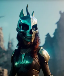 A badass Sofia Buttela wearing a dragon skull mask, atmospheric, realistic, unreal engine, cinematic lighting, octane render.