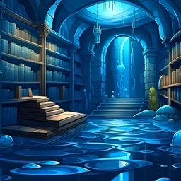 Fantasy cartoon blue underground magical library interior and large with grey stones, and water reflections