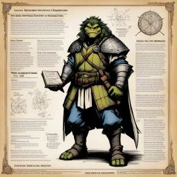 character concept sheet with AD&D statistics and characteristics, [illustration by Kevin Eastman and Peter Laird for TMNT] medieval mathematician science wizard with his grimoire of equations