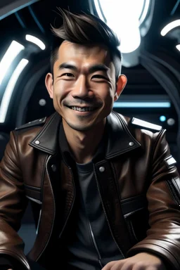 Smiling Male Half-Asian actor with cat ears in a leather jacket, on a spaceship deck